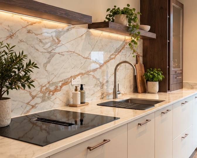 Kitchen worktop with marble splashback, hob and sink