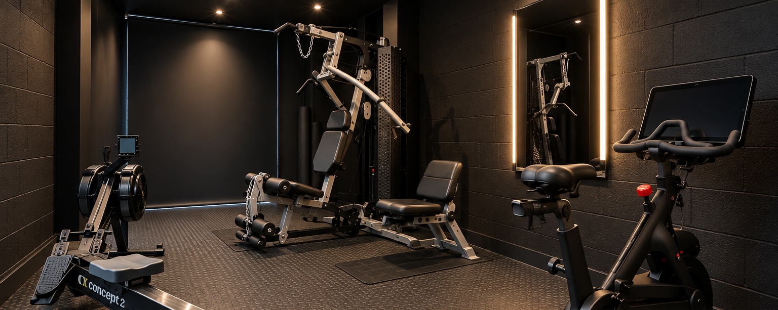 Private black training studio with rowing machine, multifunction training machine, bench, exercise bike and illuminated mirrors